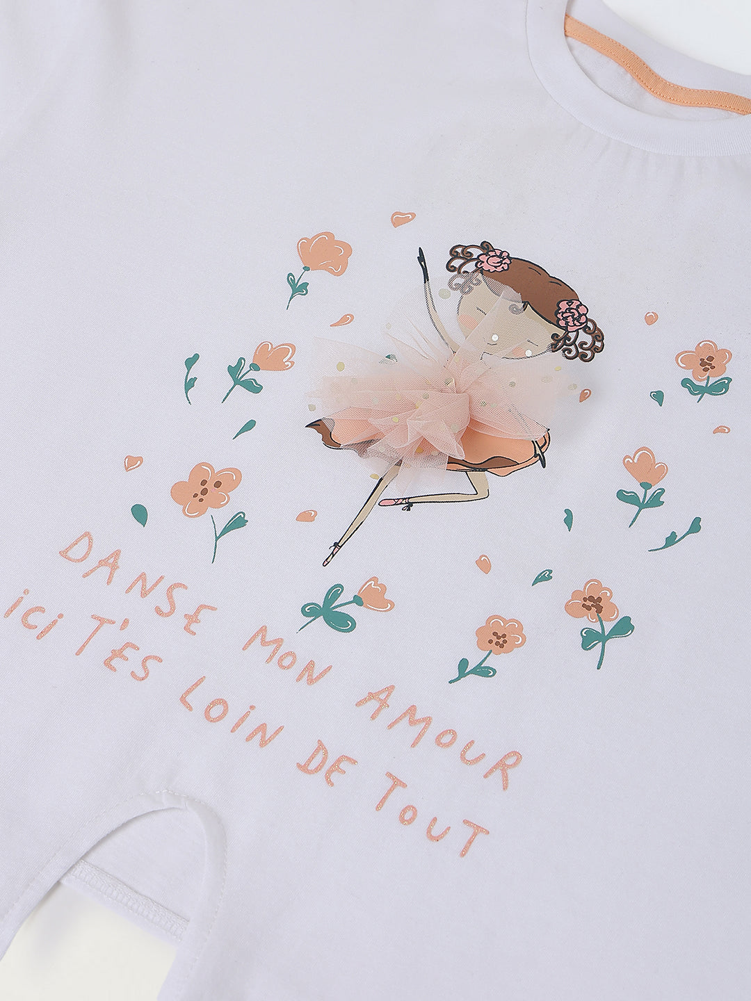 Spunkies White Girls Graphic Print Crew Neck Short Sleeves Knot Detailed Top