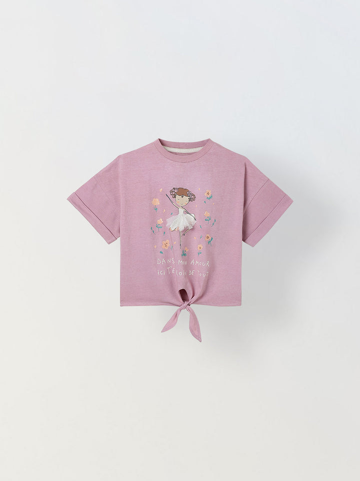 Spunkies Pink Girls Graphic Print Crew Neck Short Sleeves Knot Detailed Top