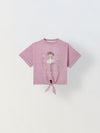 Spunkies Pink Girls Graphic Print Crew Neck Short Sleeves Knot Detailed Top