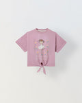 Spunkies Pink Girls Graphic Print Crew Neck Short Sleeves Knot Detailed Top