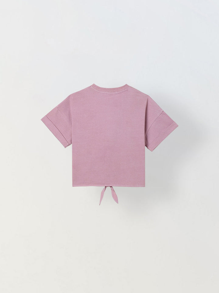 Spunkies Pink Girls Graphic Print Crew Neck Short Sleeves Knot Detailed Top