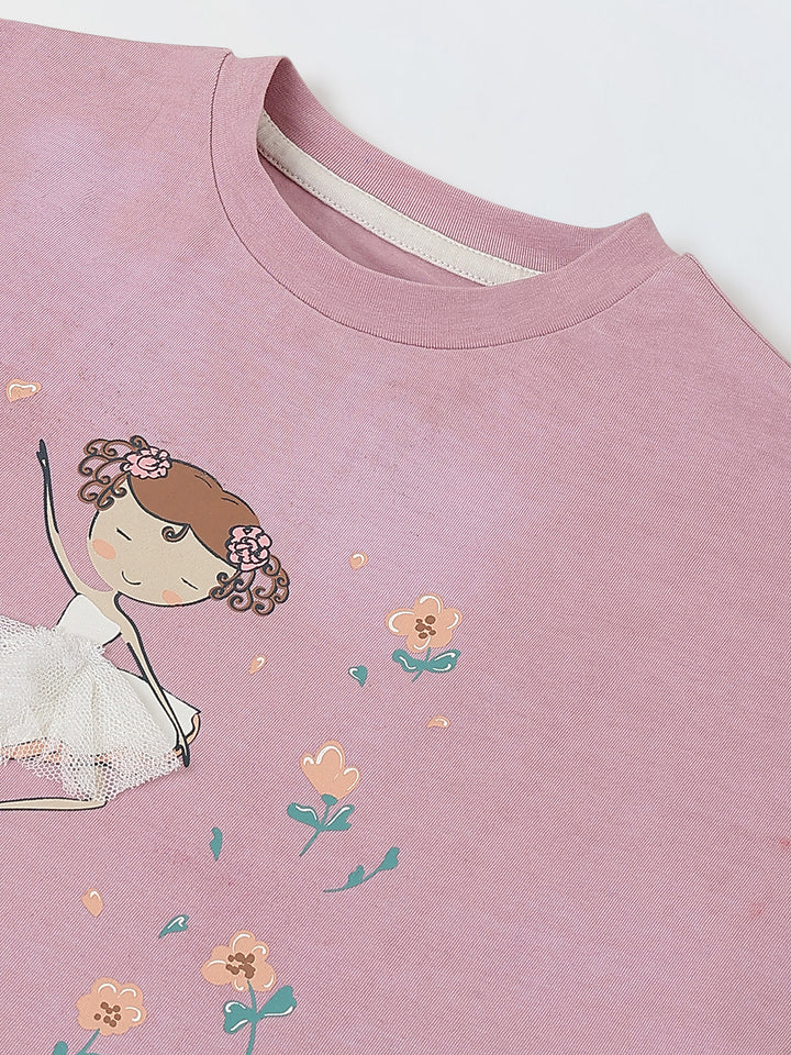 Spunkies Pink Girls Graphic Print Crew Neck Short Sleeves Knot Detailed Top