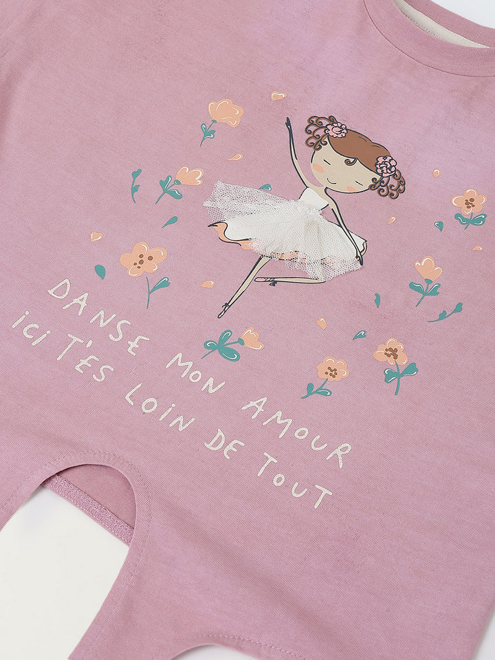 Spunkies Pink Girls Graphic Print Crew Neck Short Sleeves Knot Detailed Top