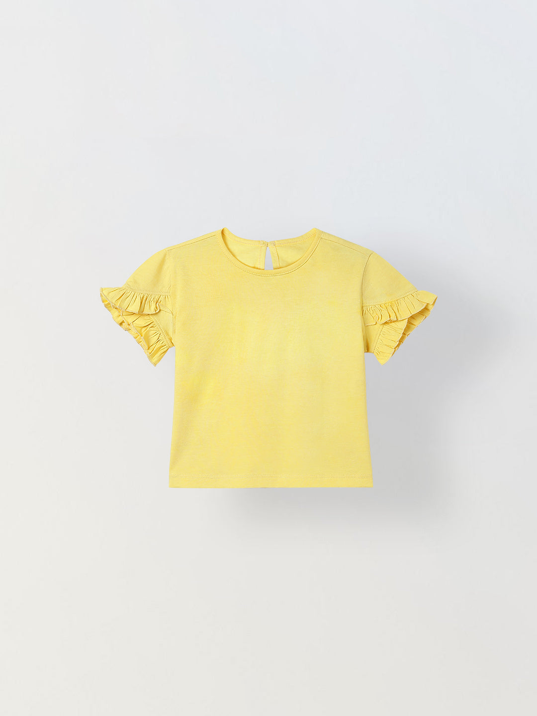 Spunkies Yellow Girls Solid Round Neck Ruffle Sleeves Top