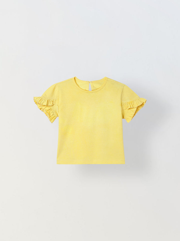 Spunkies Yellow Girls Solid Round Neck Ruffle Sleeves Top