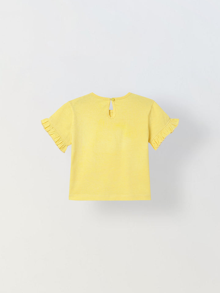 Spunkies Yellow Girls Solid Round Neck Ruffle Sleeves Top