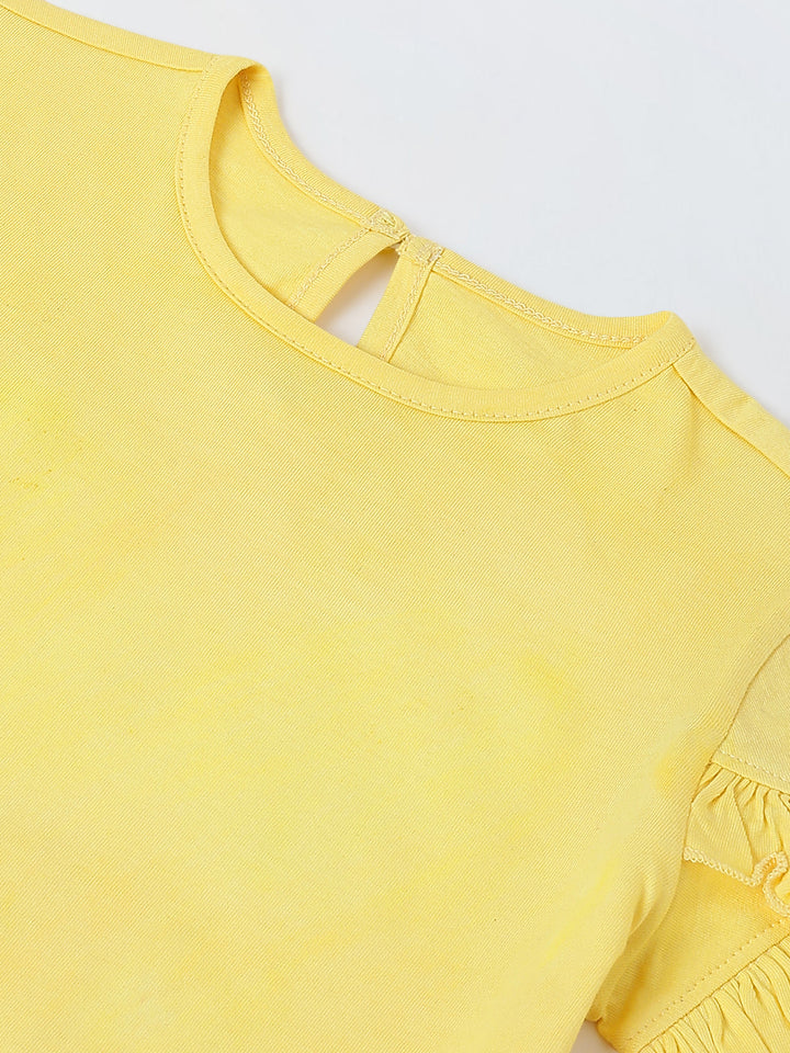 Spunkies Yellow Girls Solid Round Neck Ruffle Sleeves Top