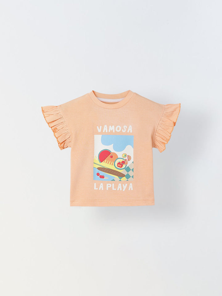 Spunkies Peach Girls Graphic Print Crew Neck Short Sleeves Top
