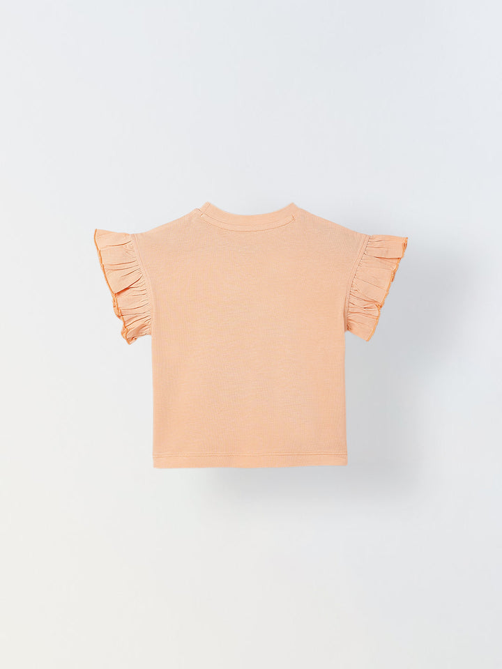 Spunkies Peach Girls Graphic Print Crew Neck Short Sleeves Top