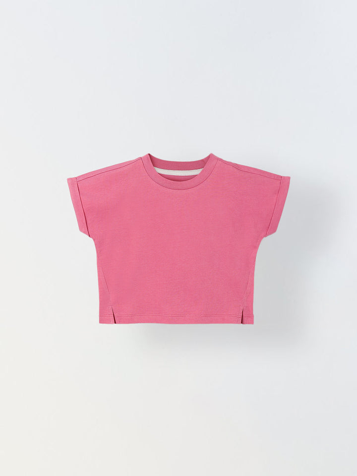 Spunkies Pink Girls Solid Crew Neck Short Sleeves Top