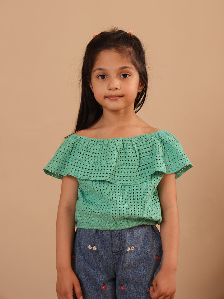 Spunkies Green Girls All-Over Eyelet Bardot Neck Short Sleeves Top