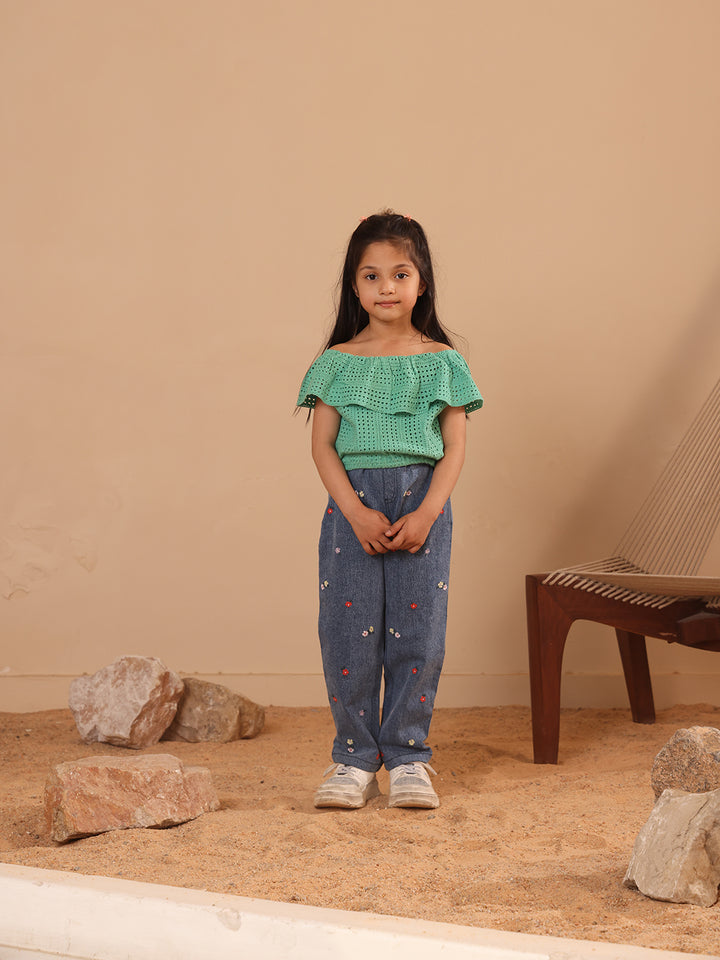 Spunkies Green Girls All-Over Eyelet Bardot Neck Short Sleeves Top
