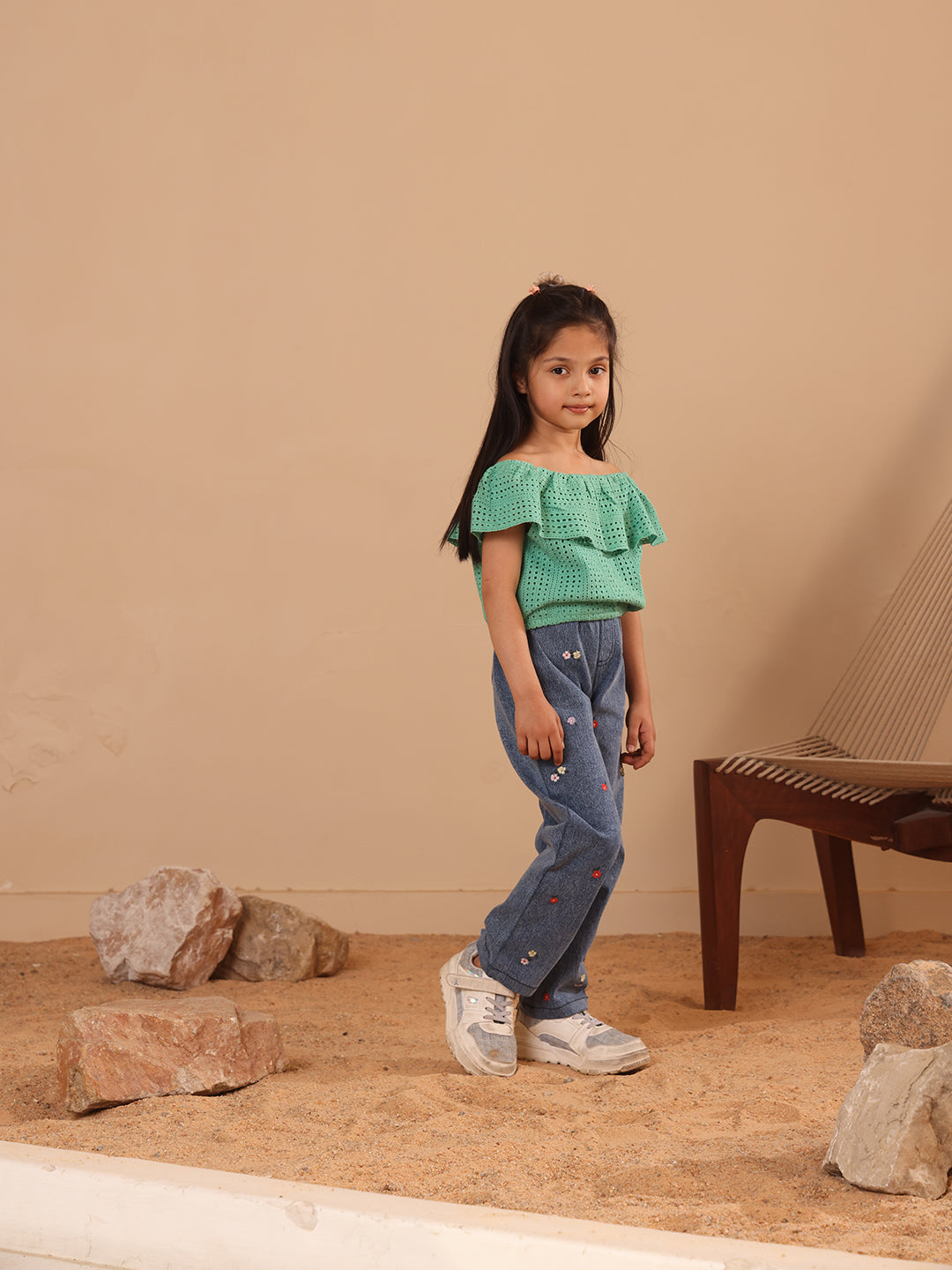 Spunkies Green Girls All-Over Eyelet Bardot Neck Short Sleeves Top