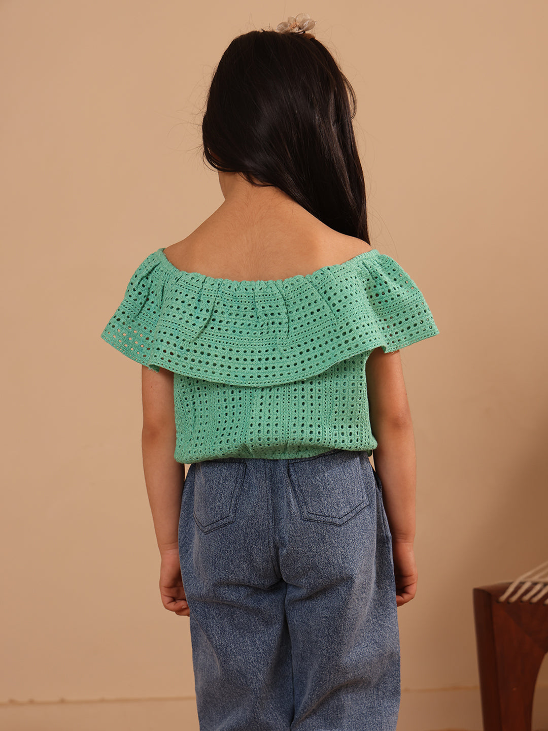 Spunkies Green Girls All-Over Eyelet Bardot Neck Short Sleeves Top