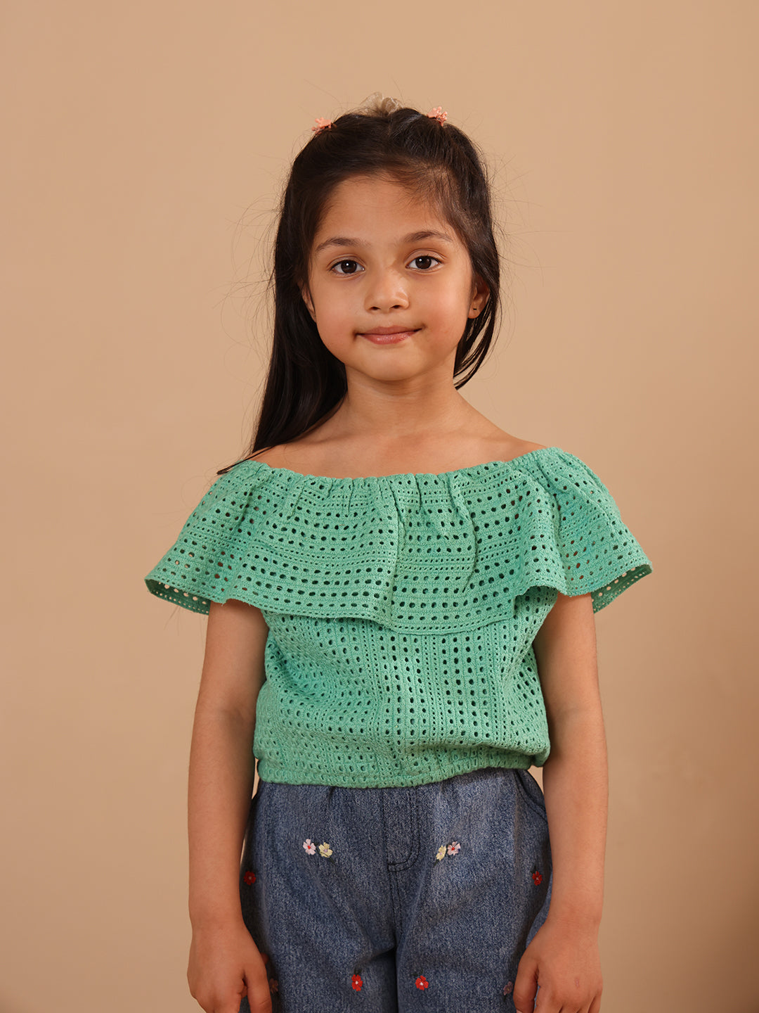 Spunkies Green Girls All-Over Eyelet Bardot Neck Short Sleeves Top