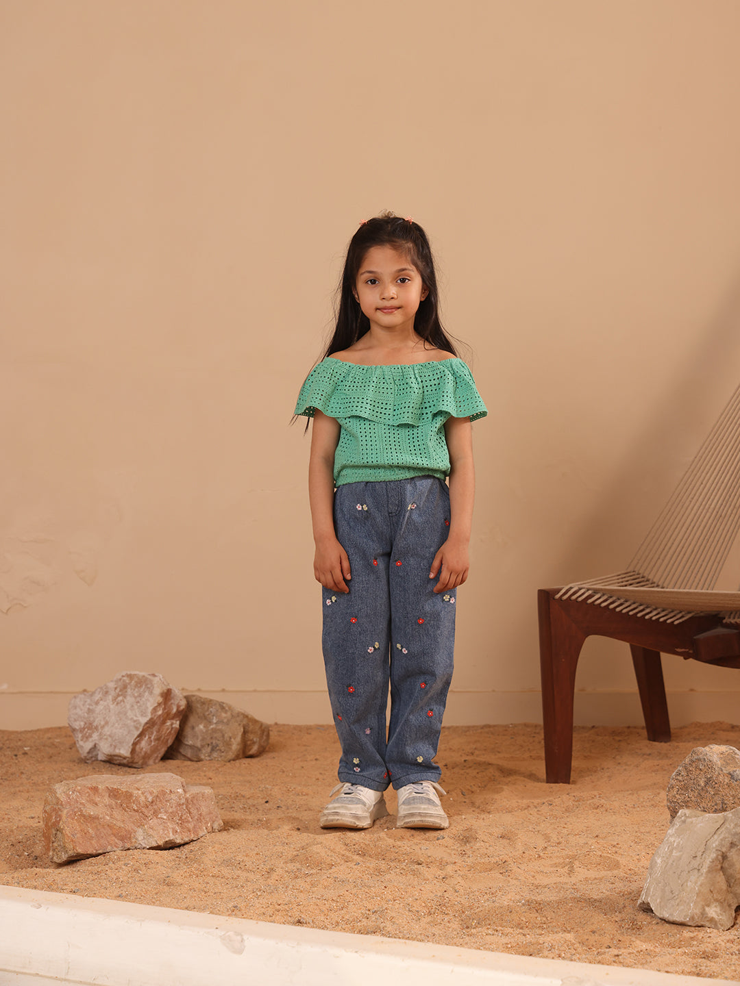 Spunkies Green Girls All-Over Eyelet Bardot Neck Short Sleeves Top