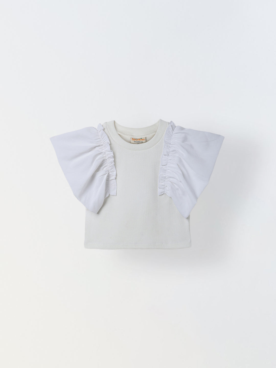 Spunkies White Girls Color-Blocked Round Neck Flutter Sleeves Top