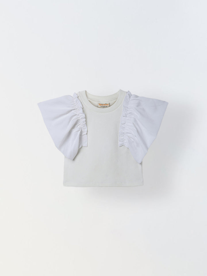Spunkies White Girls Color-Blocked Round Neck Flutter Sleeves Top