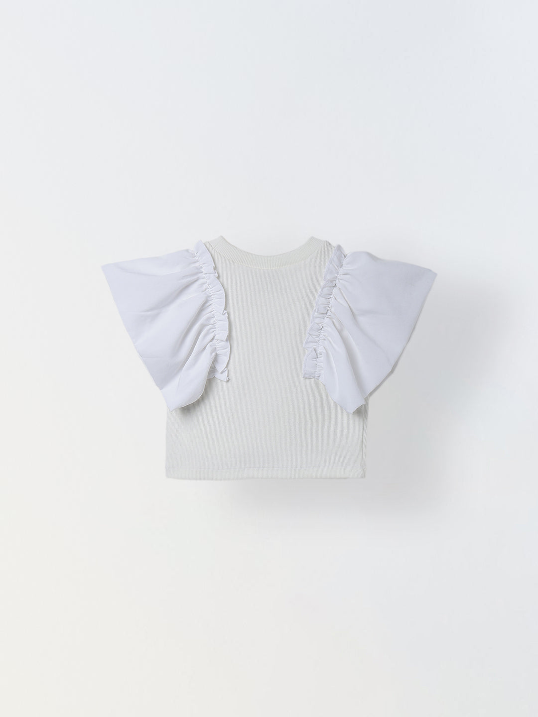 Spunkies White Girls Color-Blocked Round Neck Flutter Sleeves Top