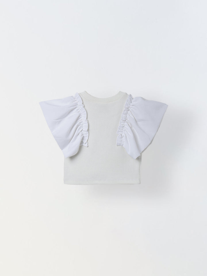 Spunkies White Girls Color-Blocked Round Neck Flutter Sleeves Top
