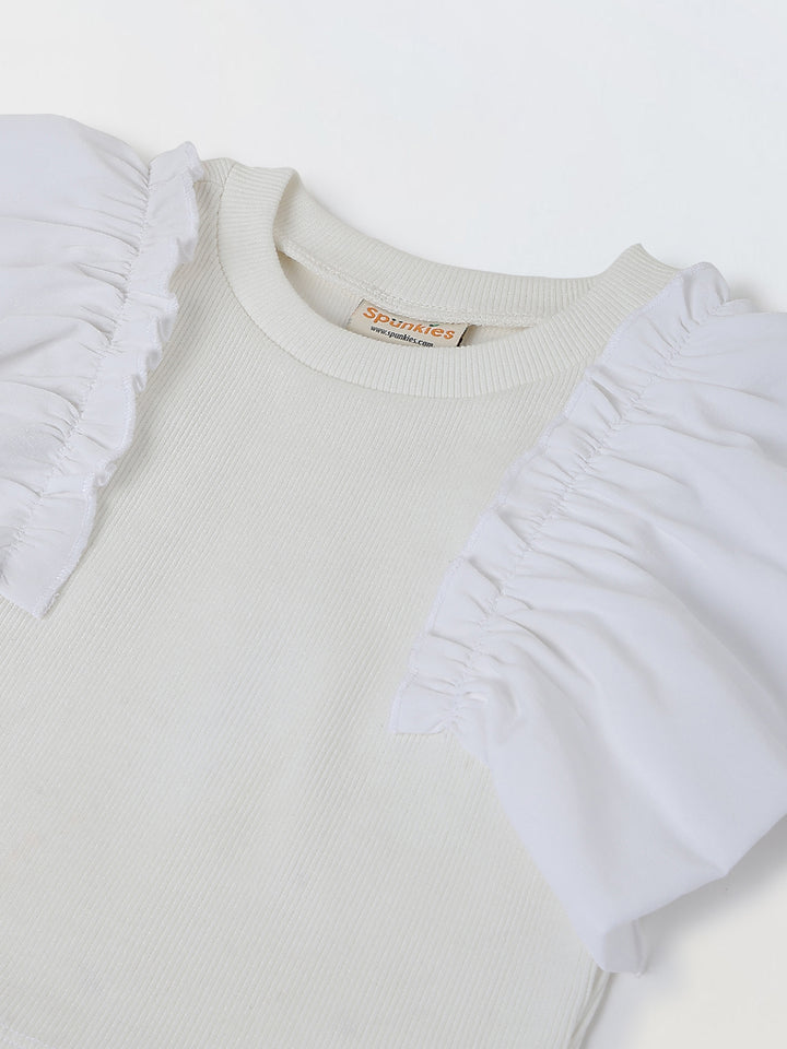 Spunkies White Girls Color-Blocked Round Neck Flutter Sleeves Top