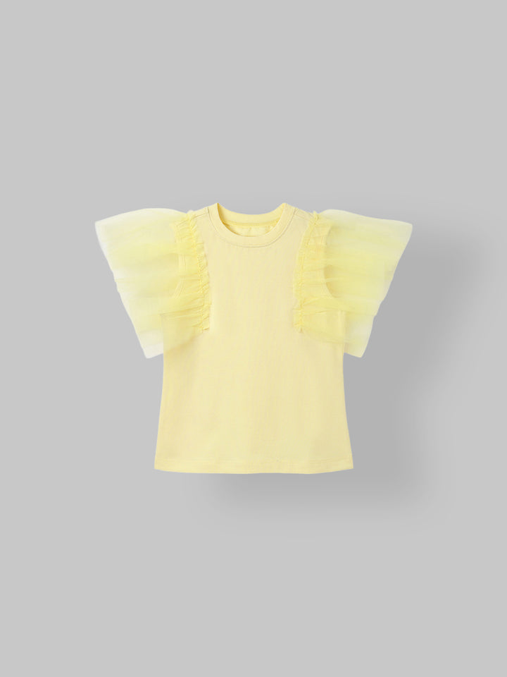 Spunkies Yellow Girls Solid Round Neck Flutter Sleeves Top