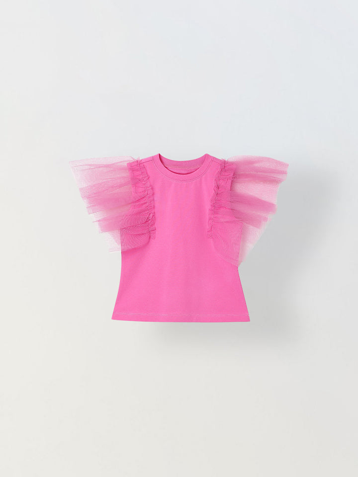 Spunkies Pink Girls Solid Round Neck Flutter Sleeves Top