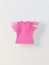 Spunkies Pink Girls Solid Round Neck Flutter Sleeves Top
