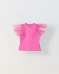 Spunkies Pink Girls Solid Round Neck Flutter Sleeves Top