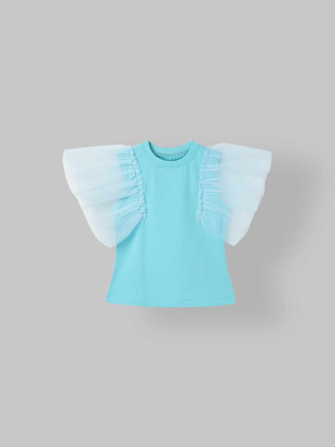 Spunkies Light Blue Girls Solid Round Neck Flutter Sleeves Top