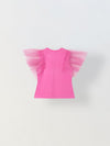 Spunkies Pink Girls Solid Round Neck Flutter Sleeves Top