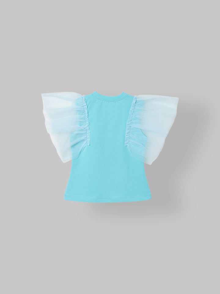 Spunkies Light Blue Girls Solid Round Neck Flutter Sleeves Top