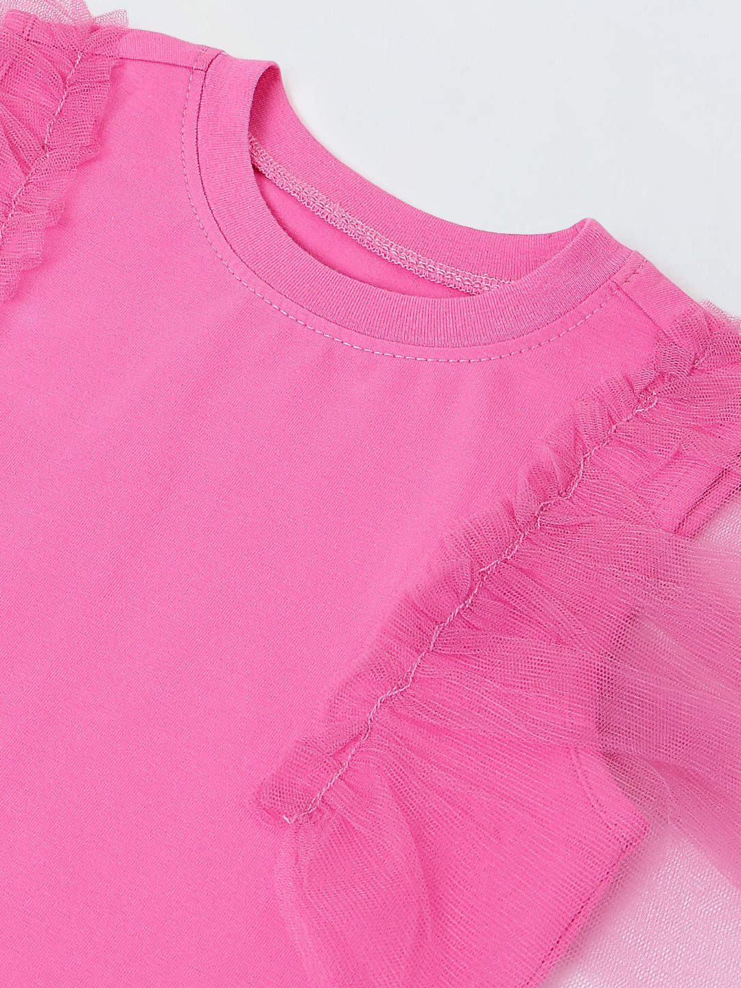 Spunkies Pink Girls Solid Round Neck Flutter Sleeves Top