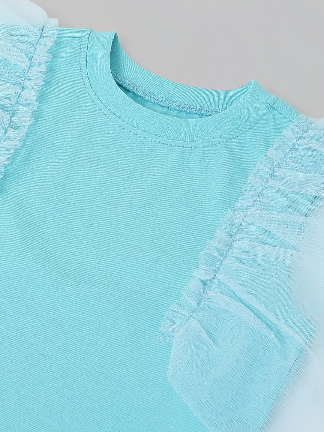Spunkies Light Blue Girls Solid Round Neck Flutter Sleeves Top