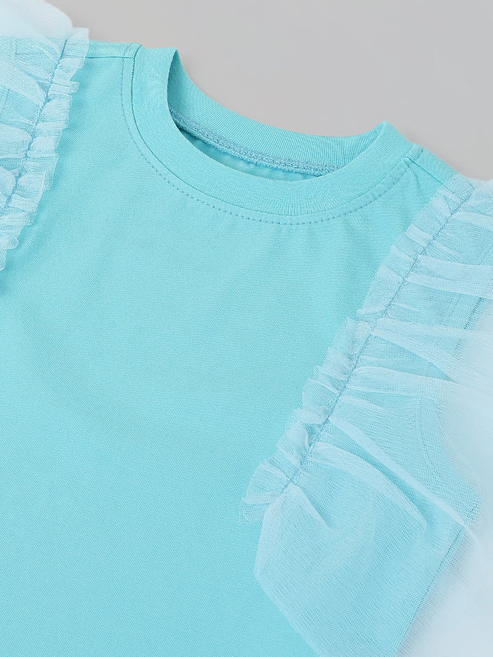 Spunkies Light Blue Girls Solid Round Neck Flutter Sleeves Top