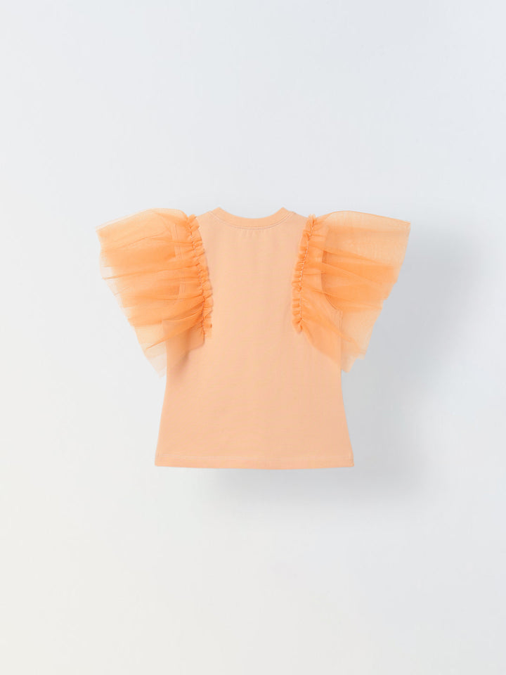 Spunkies Orange Girls Solid Round Neck Flutter Sleeves Top