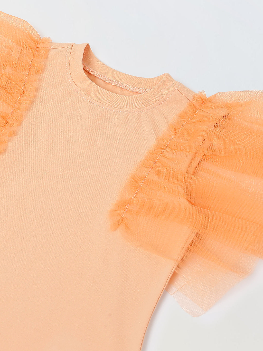 Spunkies Orange Girls Solid Round Neck Flutter Sleeves Top
