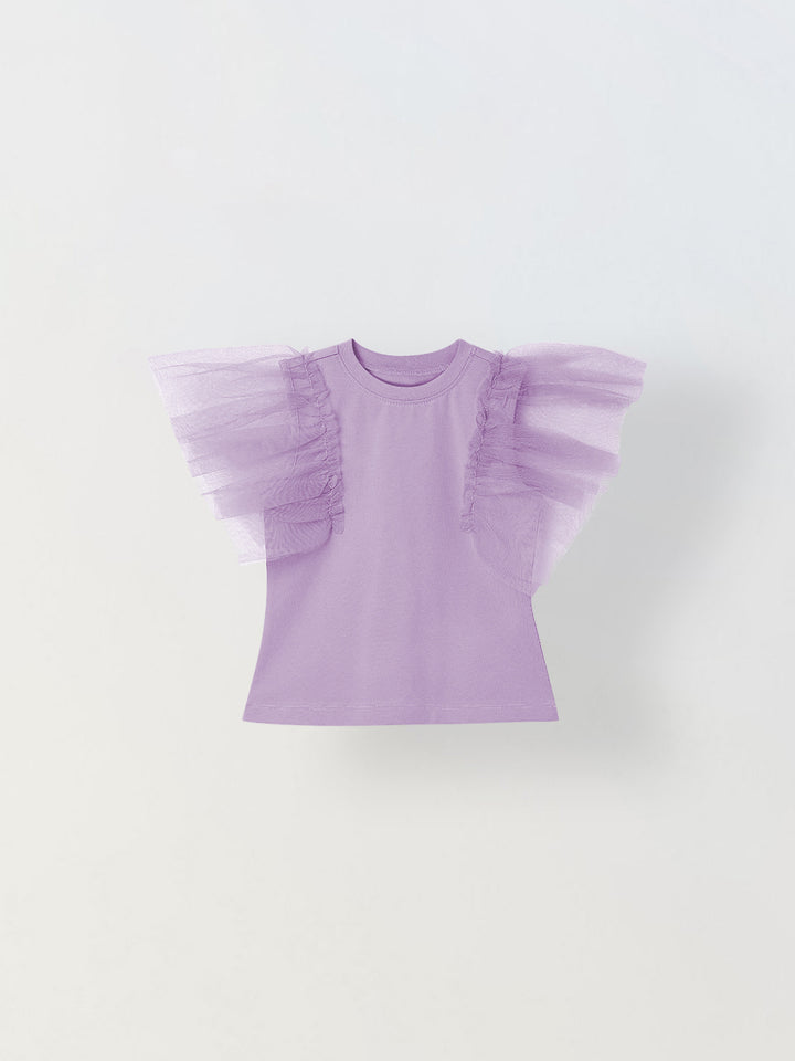 Spunkies Purple Girls Solid Round Neck Flutter Sleeves Top