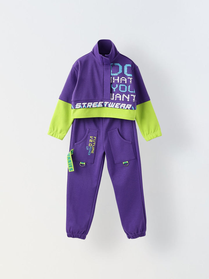 Vibrant Purple Girls Set with Front Zip, Knit Fabric & High Neck