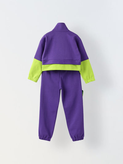 Vibrant Purple Girls Set with Front Zip, Knit Fabric & High Neck