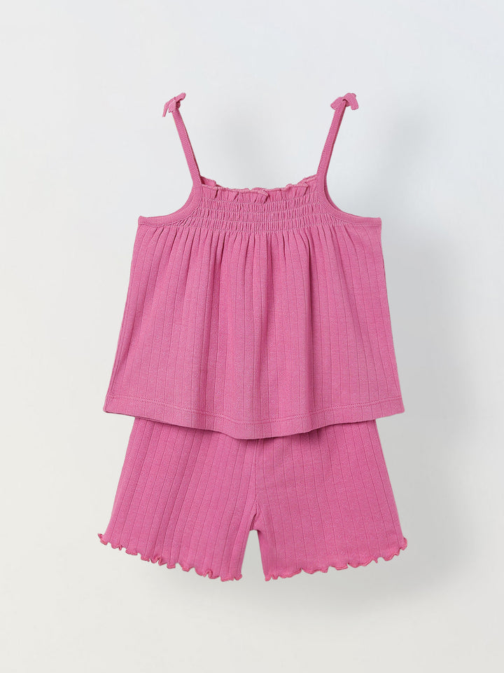 Spunkies Girls Pink Smocked Shoulder Straps Sleeveless Top and Shorts Set