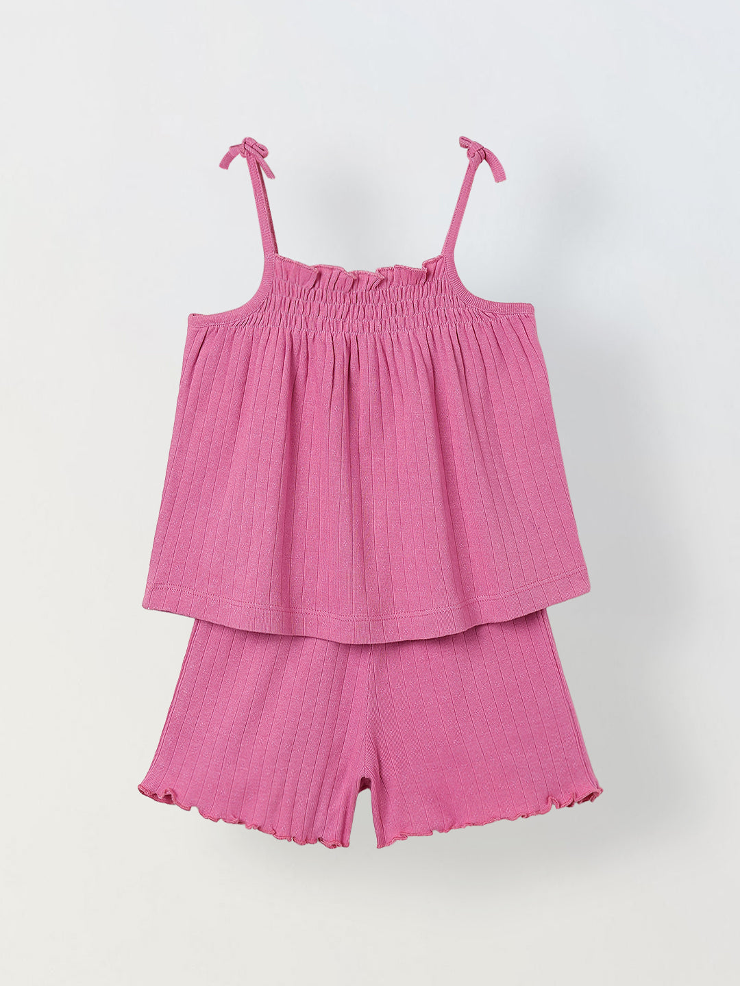 Spunkies Girls Pink Smocked Shoulder Straps Sleeveless Top and Shorts Set