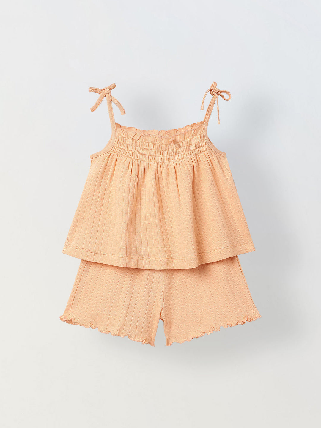 Spunkies Girls Peach Smocked Shoulder Straps Sleeveless Top and Shorts Set