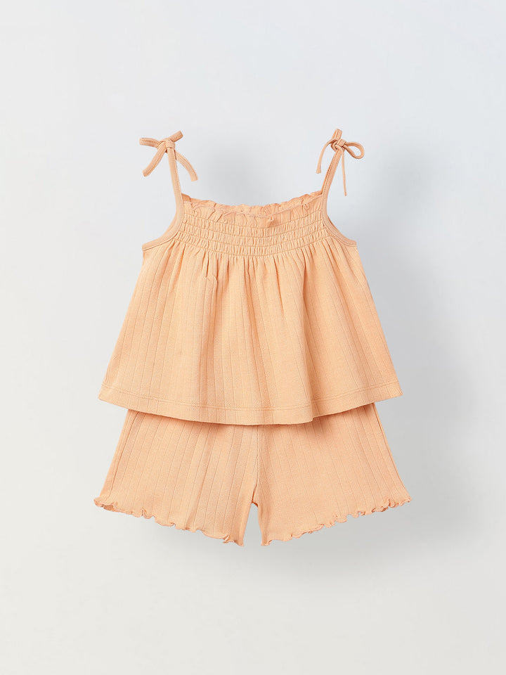 Spunkies Girls Peach Smocked Shoulder Straps Sleeveless Top and Shorts Set