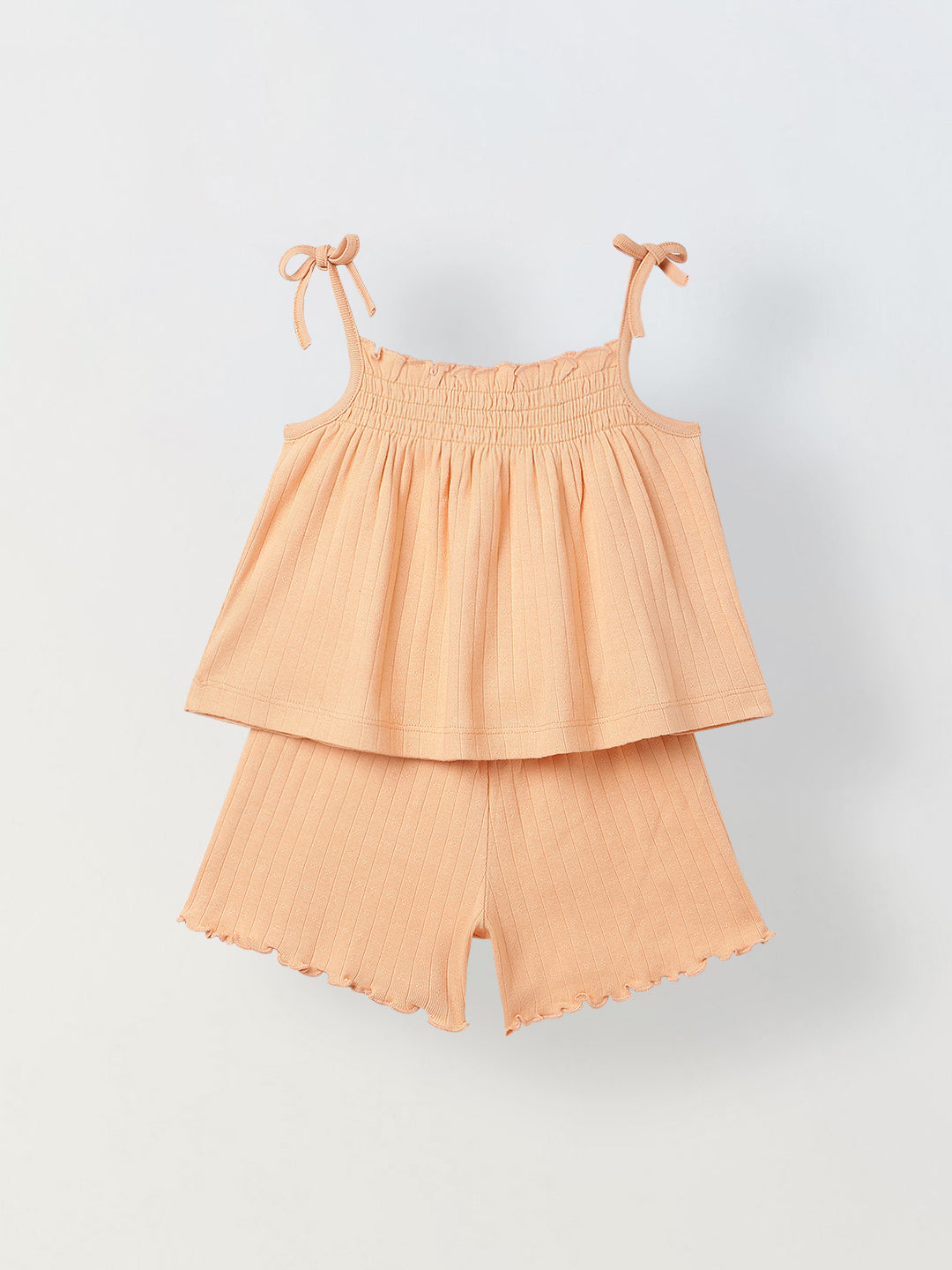 Spunkies Girls Peach Smocked Shoulder Straps Sleeveless Top and Shorts Set