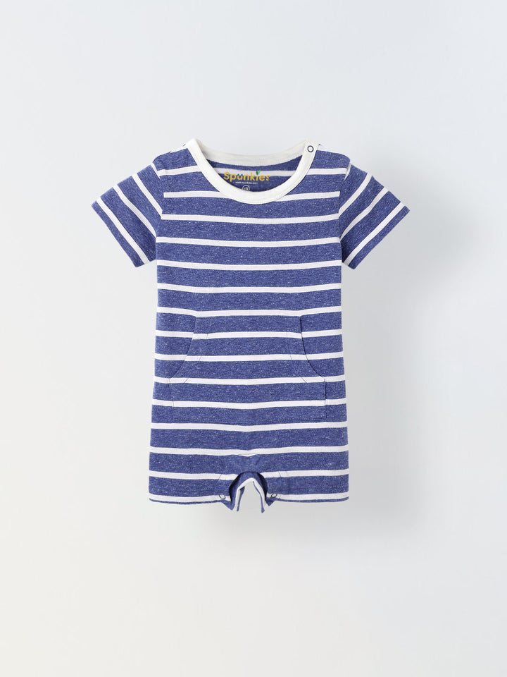 Infant Blue Stripe Cotton Round Neck Romper