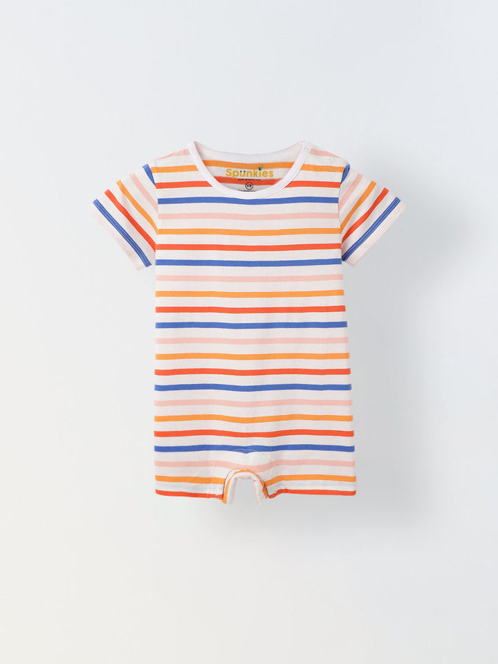 Infant Multicolour Stripe Cotton Round Neck Collar Romper