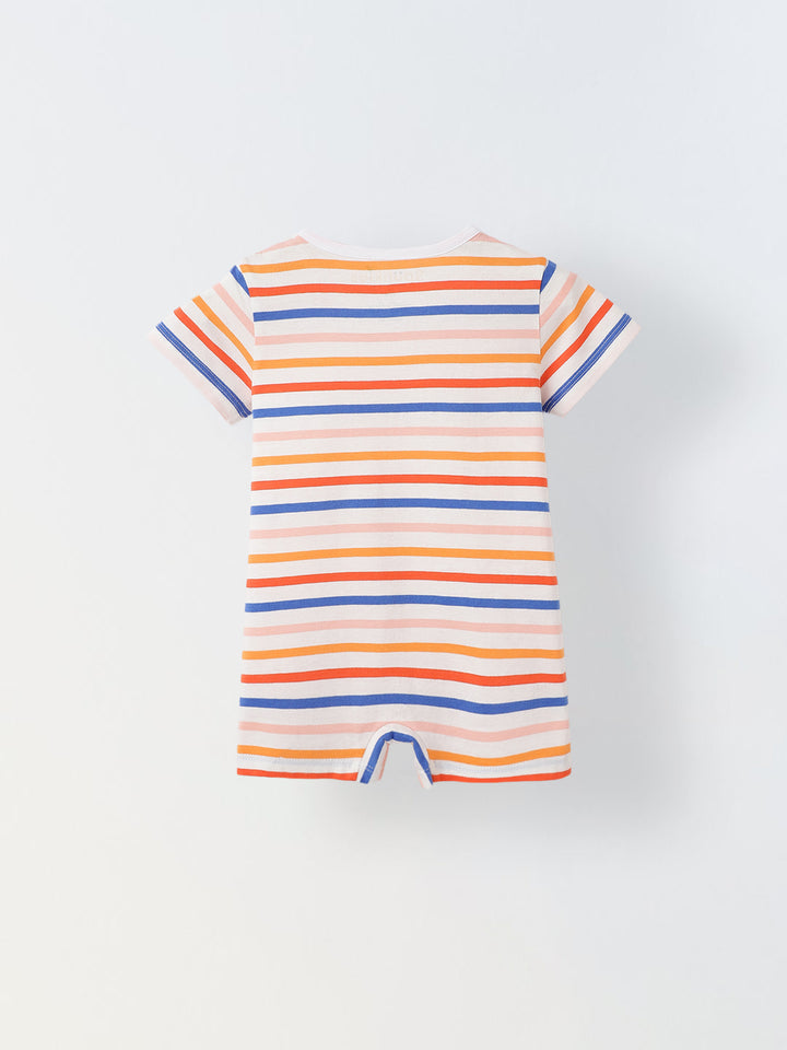 Infant Multicolour Stripe Cotton Round Neck Collar Romper