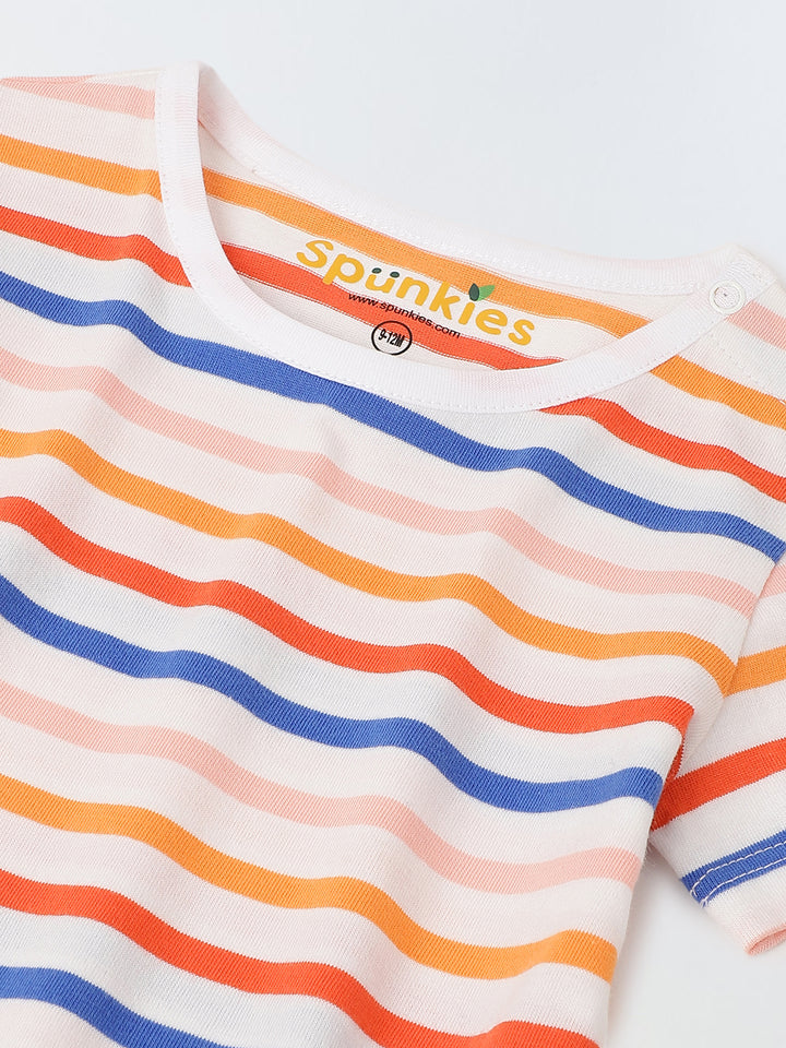 Infant Multicolour Stripe Cotton Round Neck Collar Romper