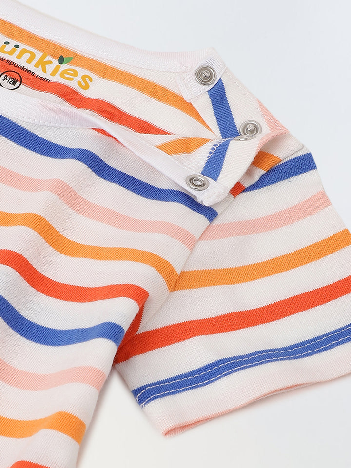 Infant Multicolour Stripe Cotton Round Neck Collar Romper